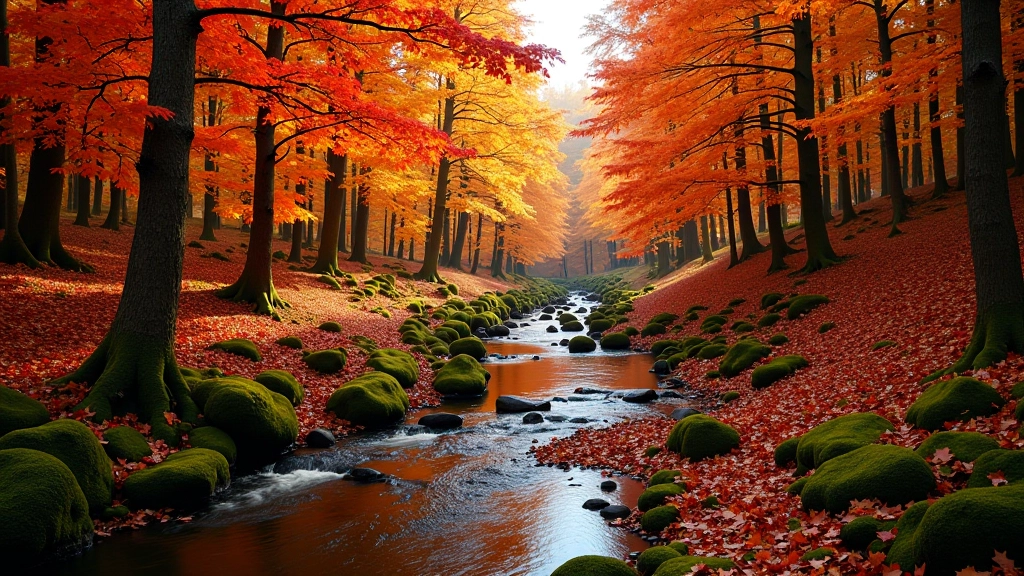 Rudens miško scenoje su oranžiniais ir raudonais lapais apie upelį