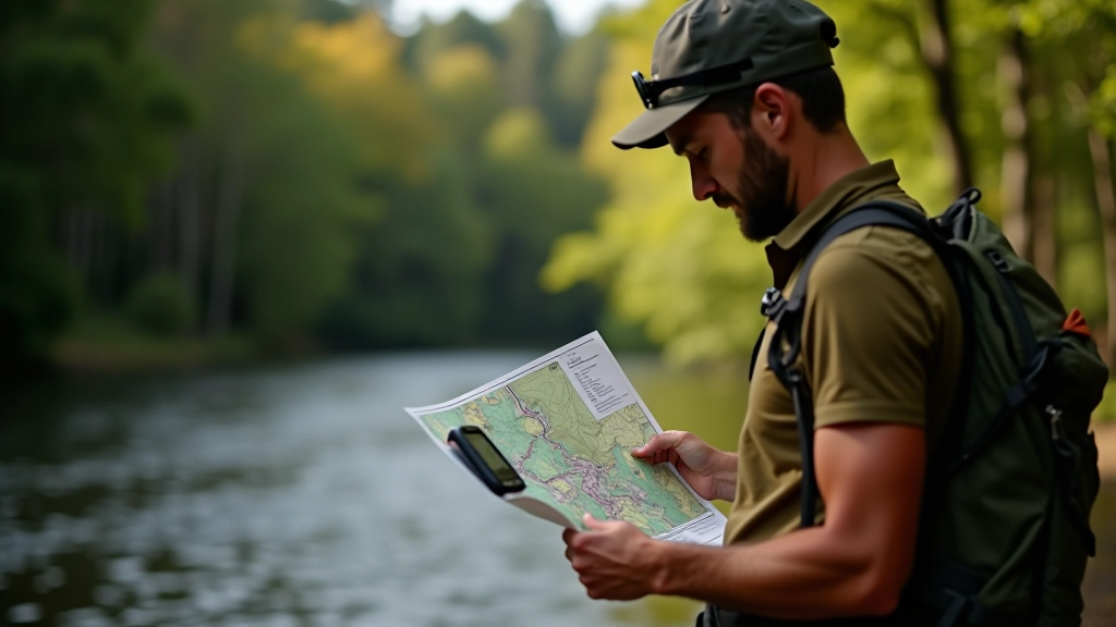 Žmogus šalia upės su topografiniu žemėlapiu ir GPS